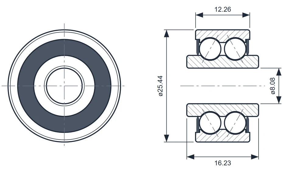 6000-510A 轴承外形尺寸图 8.08×25.44×16.23 mm