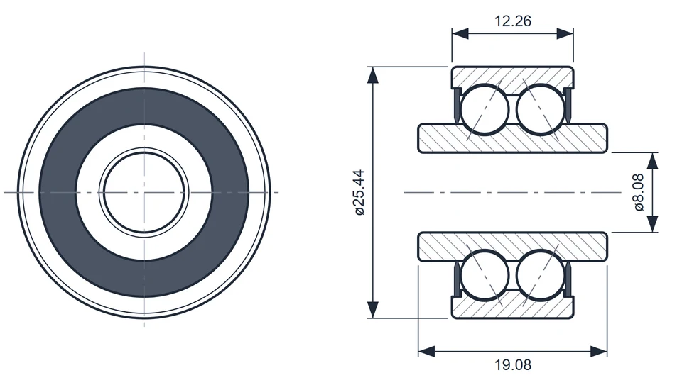 6000-512A 轴承外形尺寸图 8.08×25.44×19.08 mm