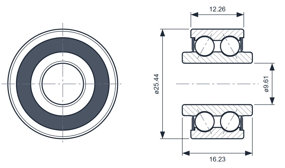 6000-610A 轴承外形尺寸图 9.61×25.44×16.23 mm
